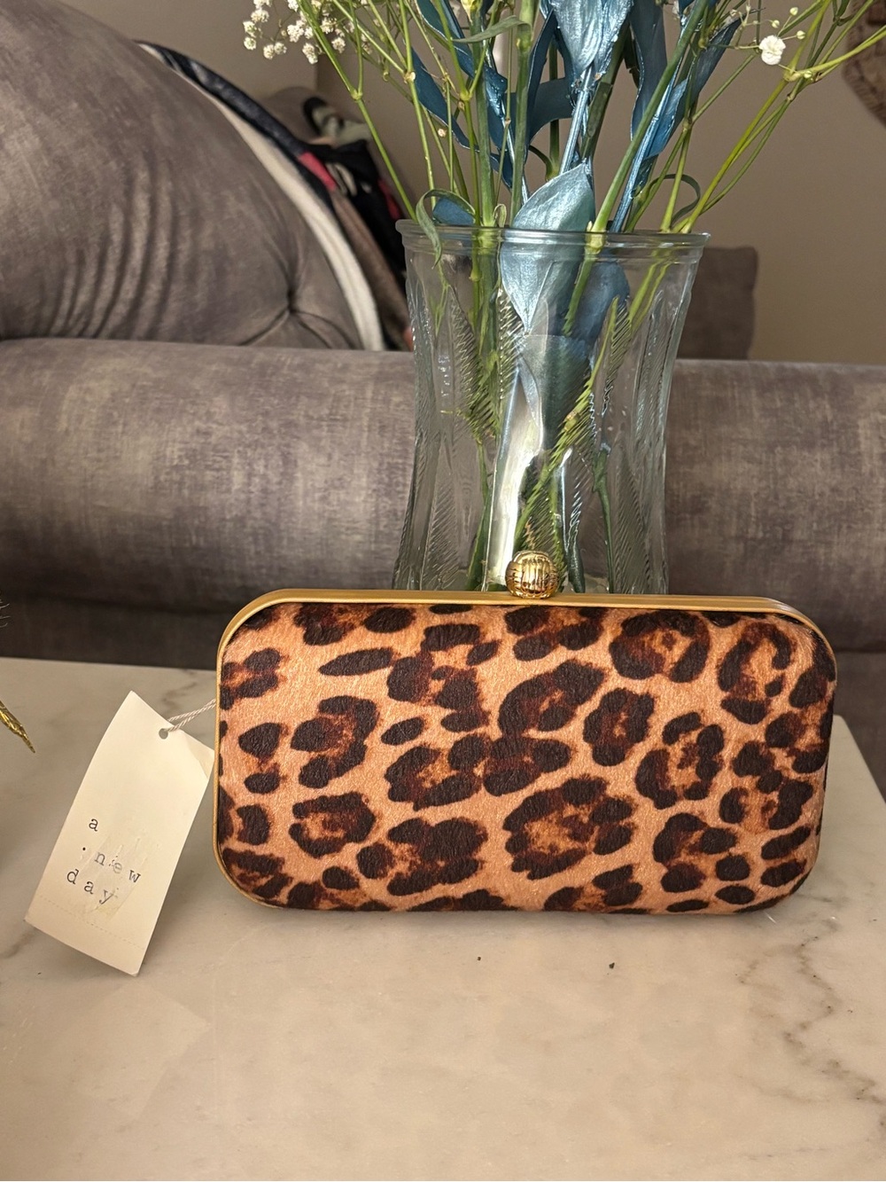 a new day Leopard Print Clutch in Brown and Black with Gold Trim